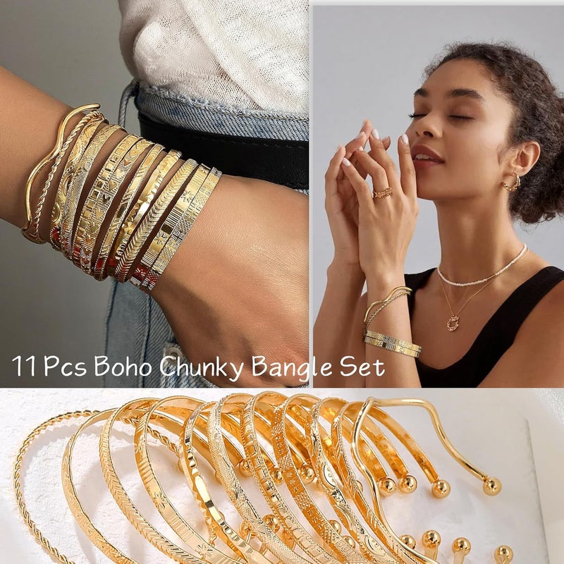 17IF Gold Bangle Bracelet For Women, 14k Multilayer Charm Textured Stackable Bracelets Boho Indian Chunky Cuff Fashion Jewelry Gift - Image 3